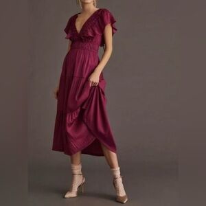 Anthropologie Ruffled Tiered Midi Dress in Berry